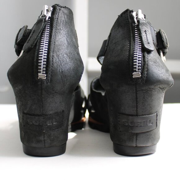 Sorel Women's Black Leather Joanie II Wedges Sandals Heels Size 9.5 - Picture 3 of 7